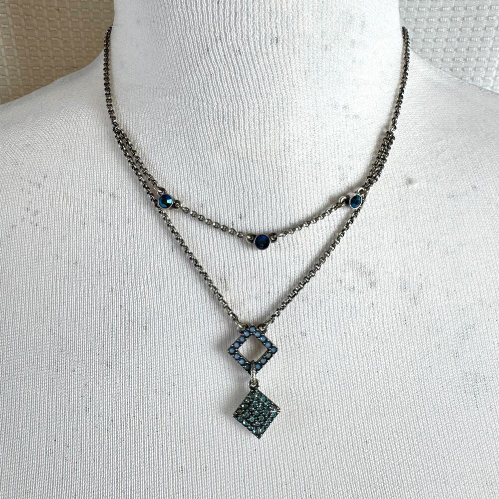 Vintage GIVENCHY Necklace Signed Double Y Chain Blue Teal Crystals Silver Tone